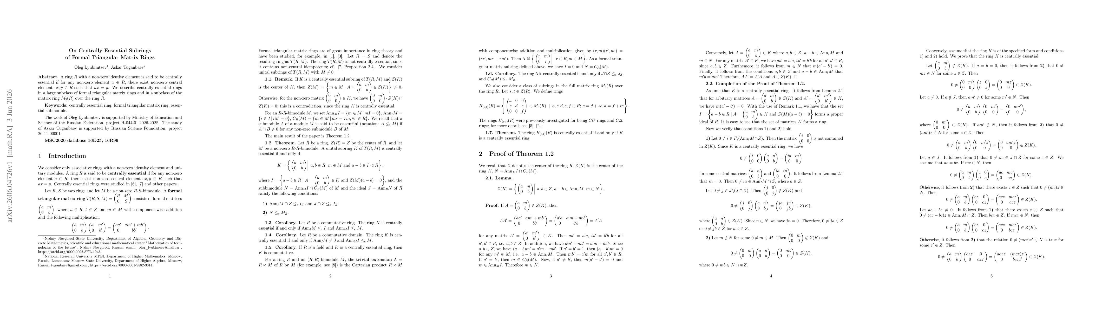 Thumbnail for On Centrally Essential Subrings of Formal Triangular Matrix Rings
