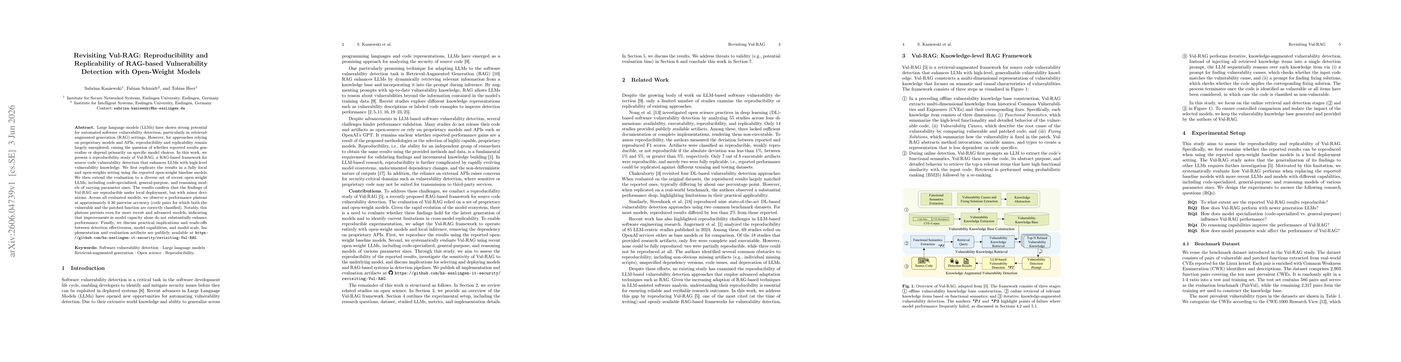 Thumbnail for Revisiting Vul-RAG: Reproducibility and Replicability of RAG-based Vulnerability Detection with Open-Weight Models