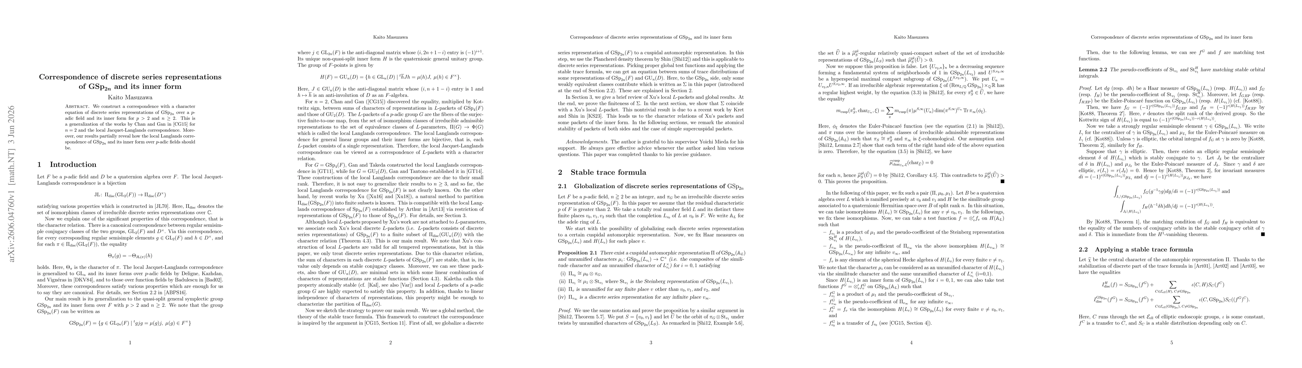 Thumbnail for Correspondence of discrete series representations of $\mathrm{GSp}_{2n}$ and its inner form