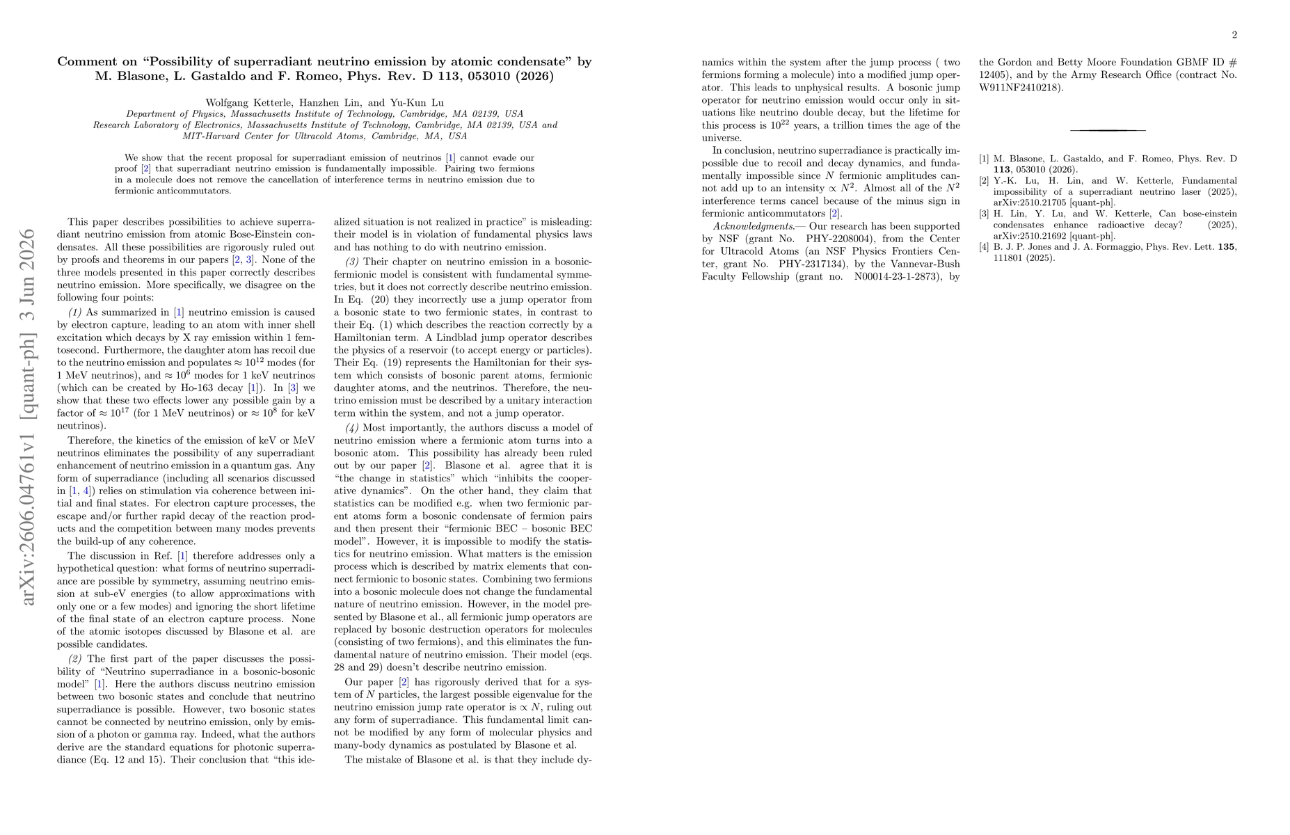 Thumbnail for Comment on "Possibility of superradiant neutrino emission by atomic condensate" by M. Blasone, L. Gastaldo and F. Romeo, Phys. Rev. D 113, 053010 (2026)