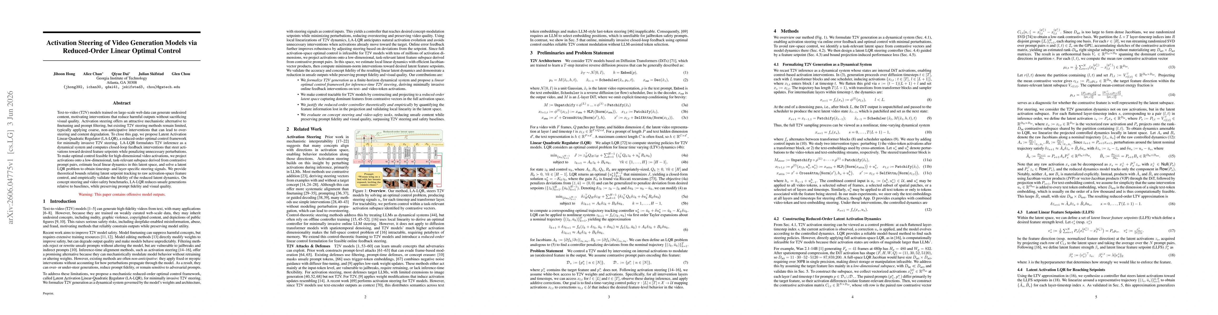 Thumbnail for Activation Steering of Video Generation Models via Reduced-Order Linear Optimal Control