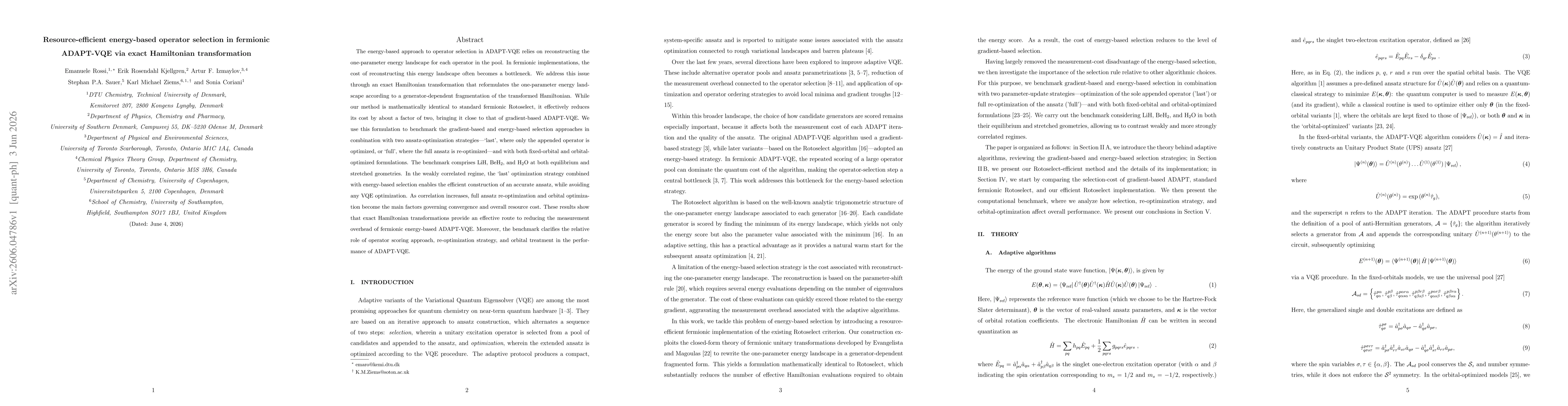 Thumbnail for Resource-efficient energy-based operator selection in fermionic ADAPT-VQE via exact Hamiltonian transformation