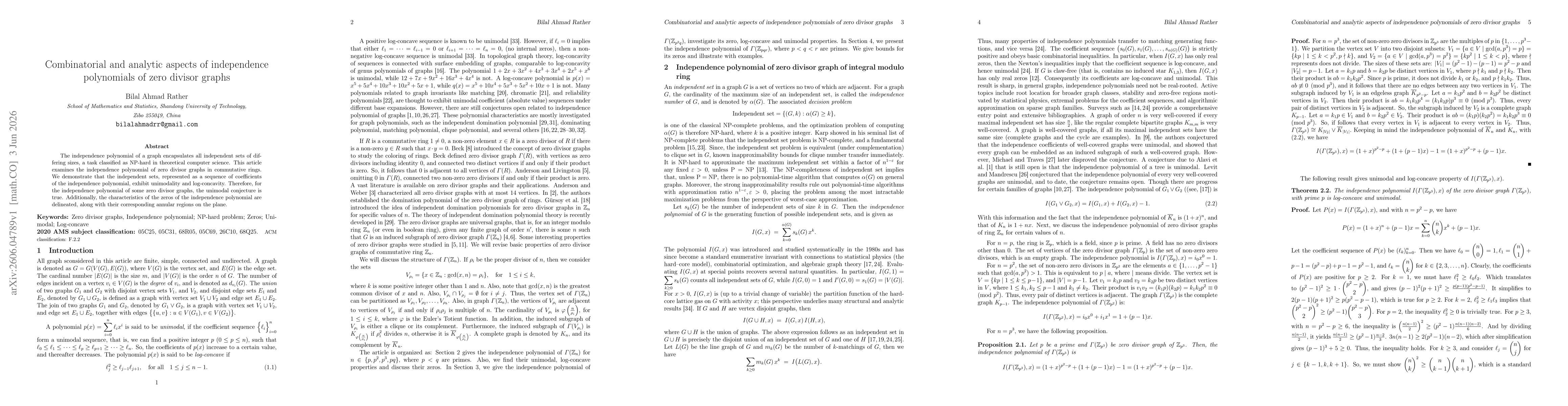 Thumbnail for Combinatorial and analytic aspects of independence polynomials of zero divisor graphs