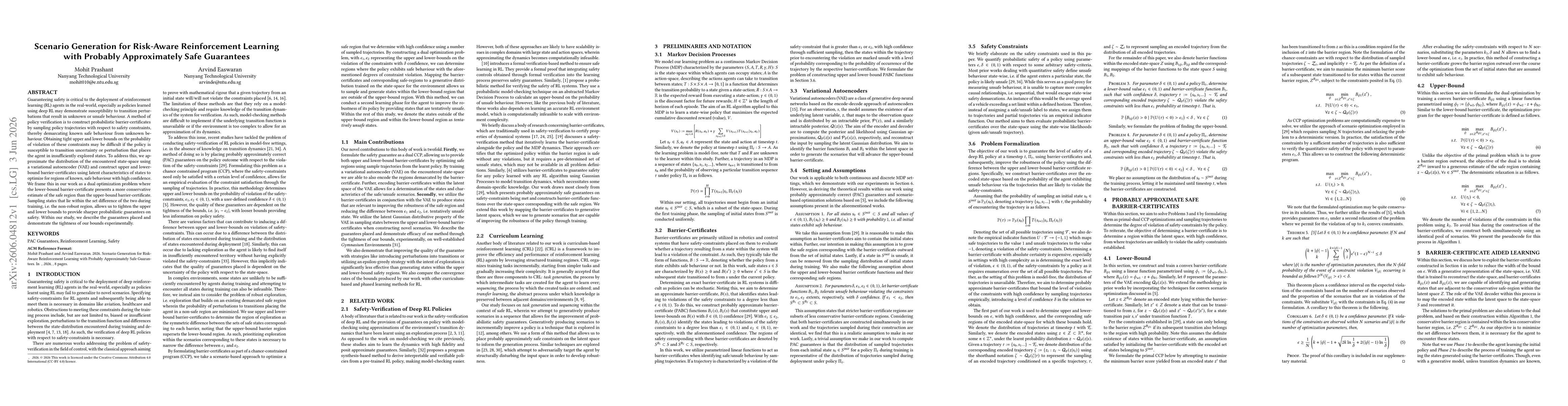 Thumbnail for Scenario Generation for Risk-Aware Reinforcement Learning with Probably Approximately Safe Guarantees