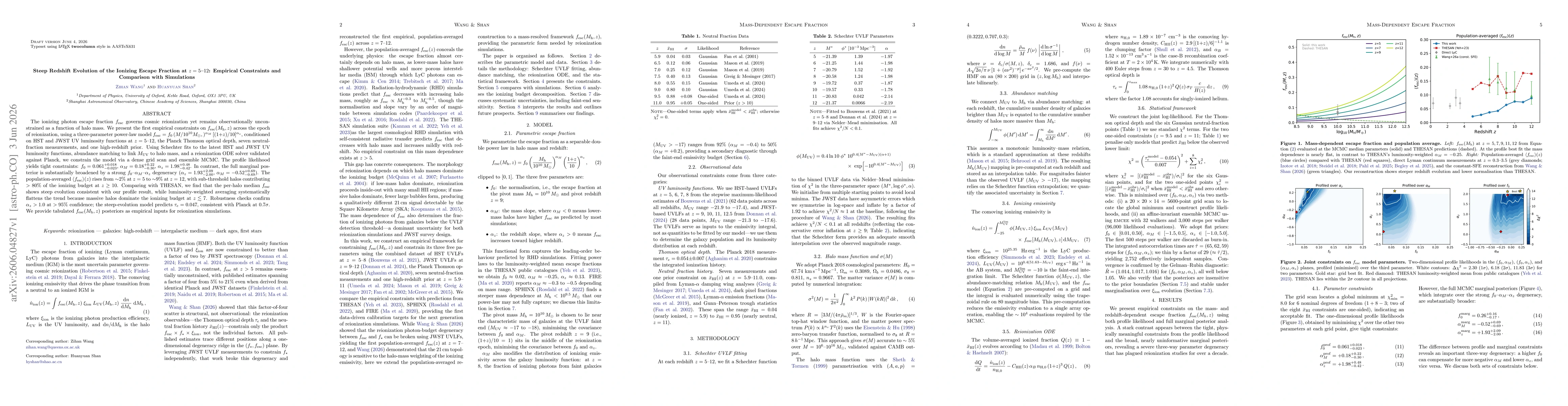 Thumbnail for Steep Redshift Evolution of the Ionizing Escape Fraction at $z = 5$--$12$: Empirical Constraints and Comparison with Simulations