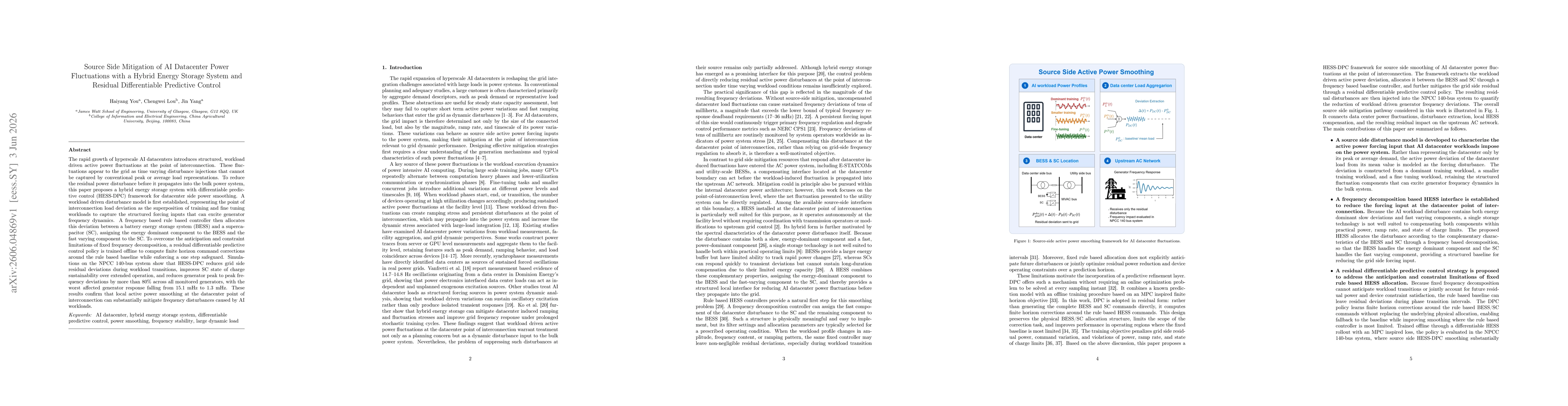 Thumbnail for Source Side Mitigation of AI Datacenter Power Fluctuations with a Hybrid Energy Storage System and Residual Differentiable Predictive Control