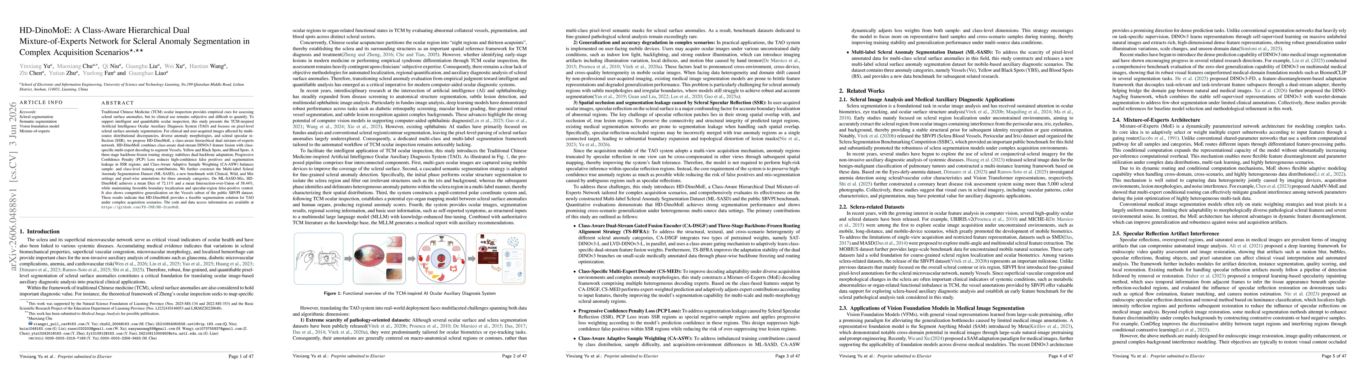 Thumbnail for HD-DinoMoE: A Class-Aware Hierarchical Dual Mixture-of-Experts Network for Scleral Anomaly Segmentation in Complex Acquisition Scenarios