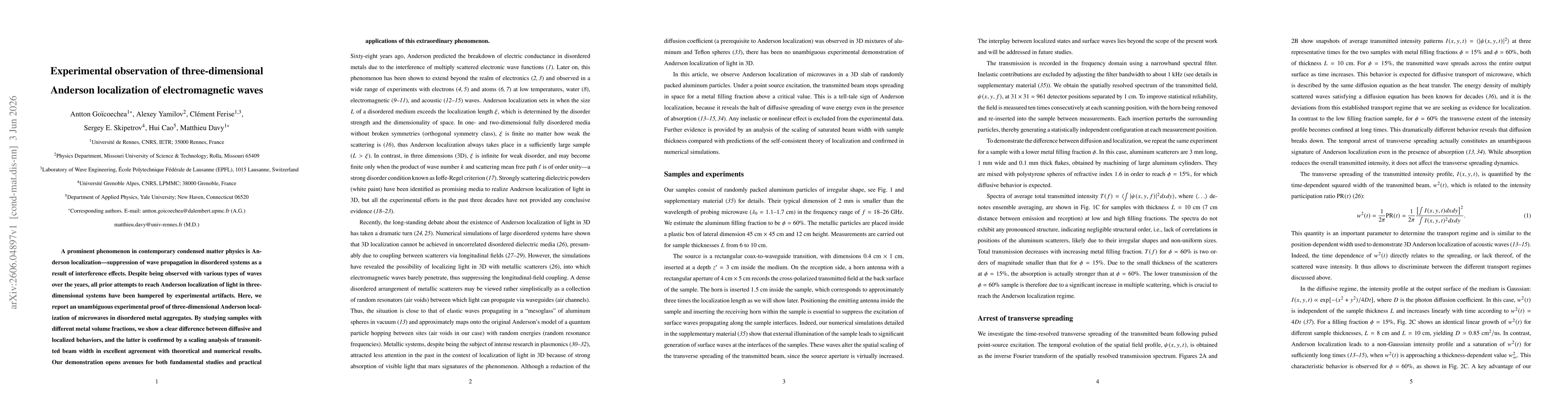 Thumbnail for Experimental observation of three-dimensional Anderson localization of electromagnetic waves