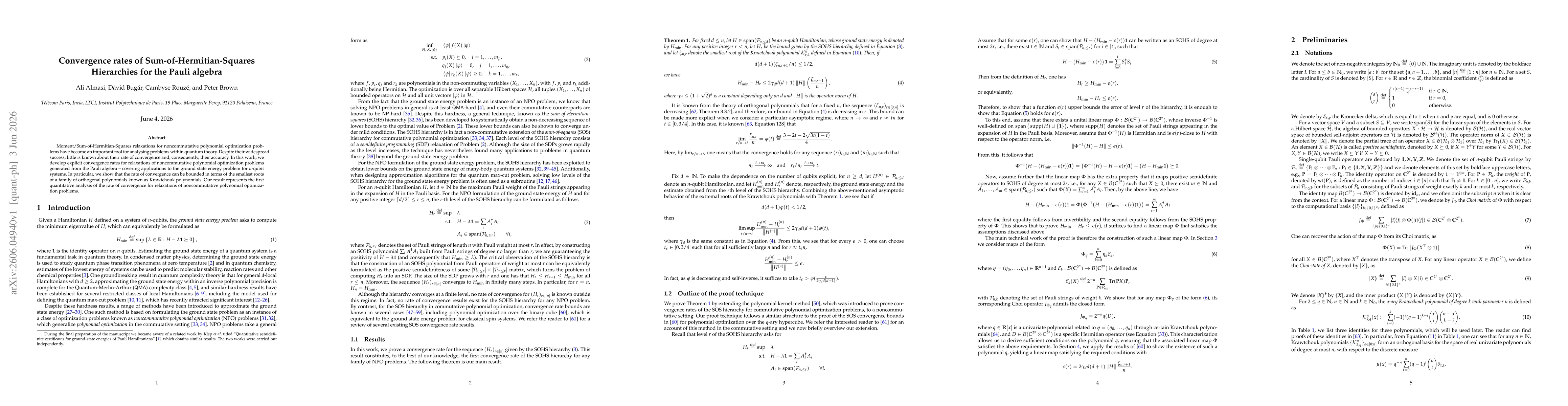 Thumbnail for Convergence rates of Sum-of-Hermitian-Squares Hierarchies for the Pauli algebra