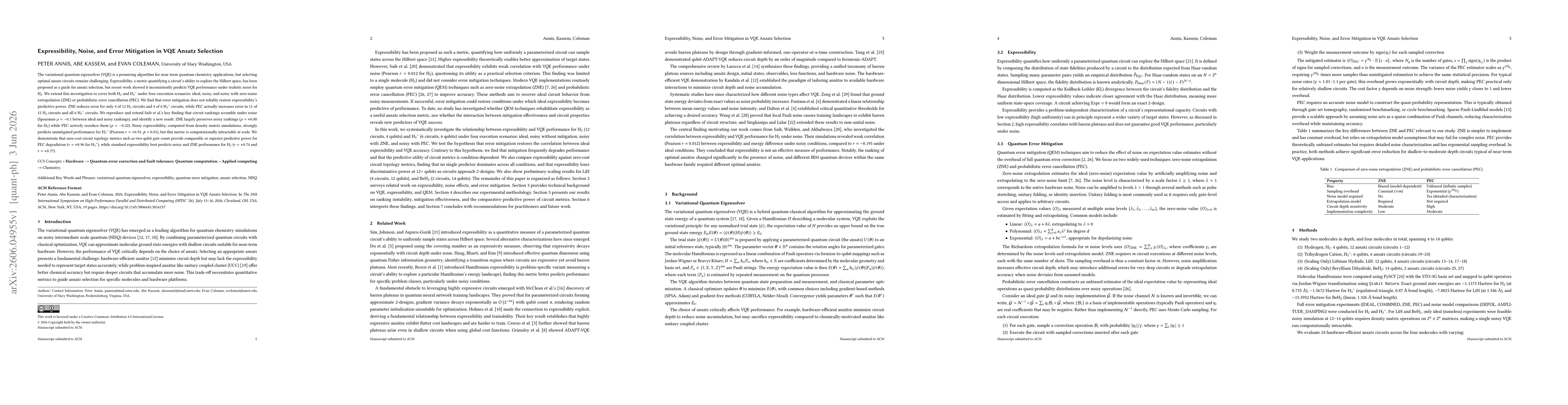 Thumbnail for Expressibility, Noise, and Error Mitigation in VQE Ansatz Selection