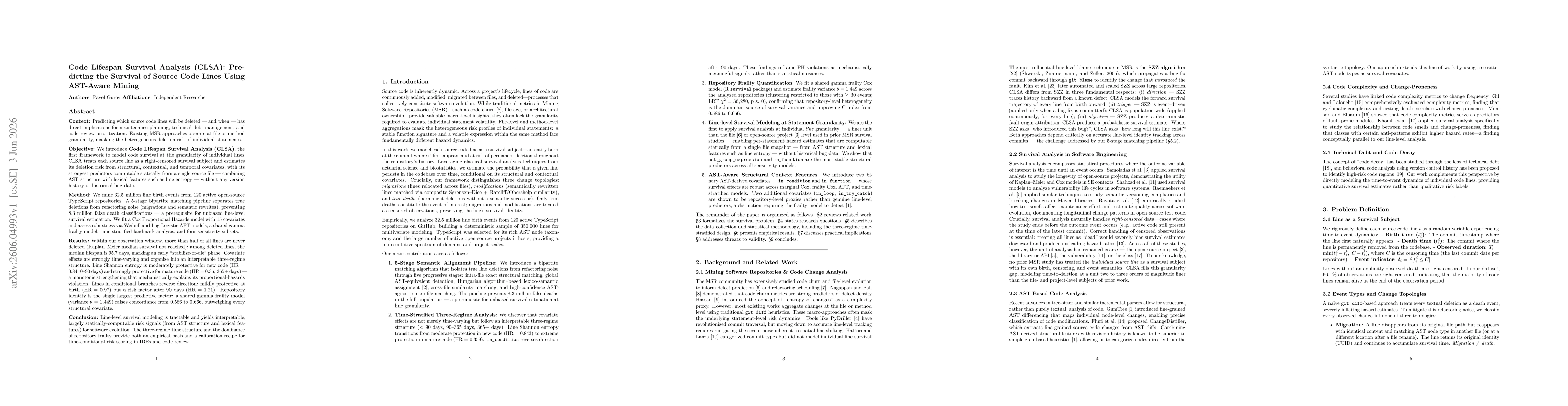 Thumbnail for Code Lifespan Survival Analysis (CLSA): Predicting the Survival of Source Code Lines Using AST-Aware Mining