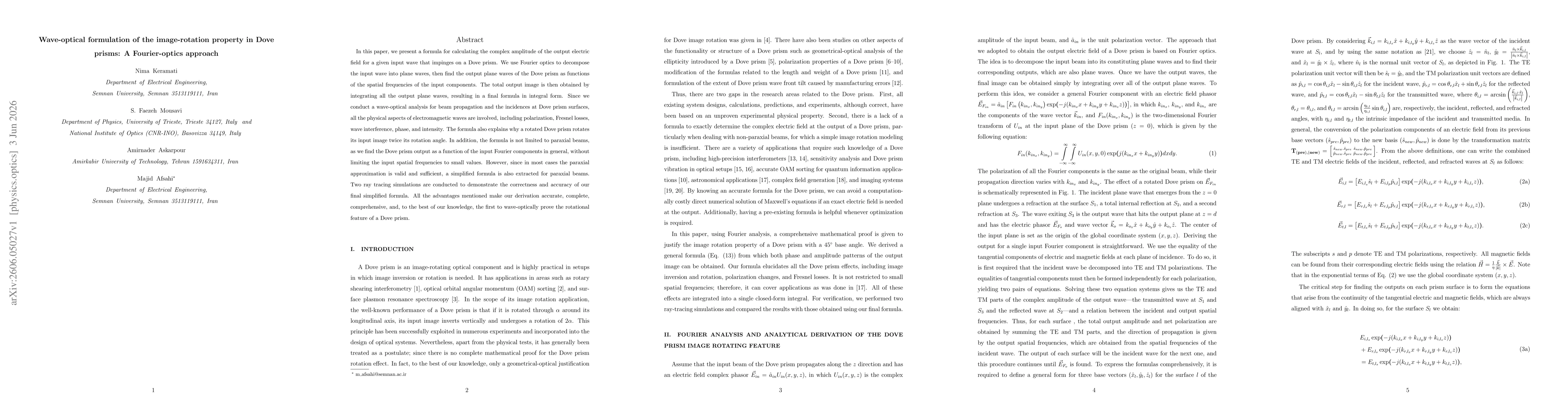 Thumbnail for Wave-optical formulation of the image-rotation property in Dove prisms: A Fourier-optics approach