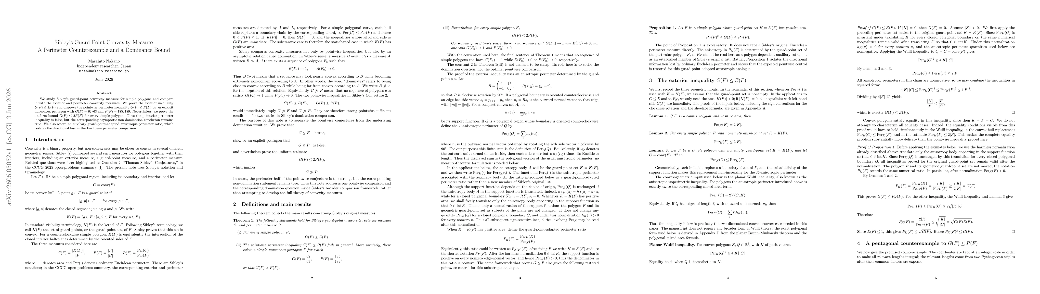 Thumbnail for Sibley's Guard-Point Convexity Measure: A Perimeter Counterexample and a Dominance Bound