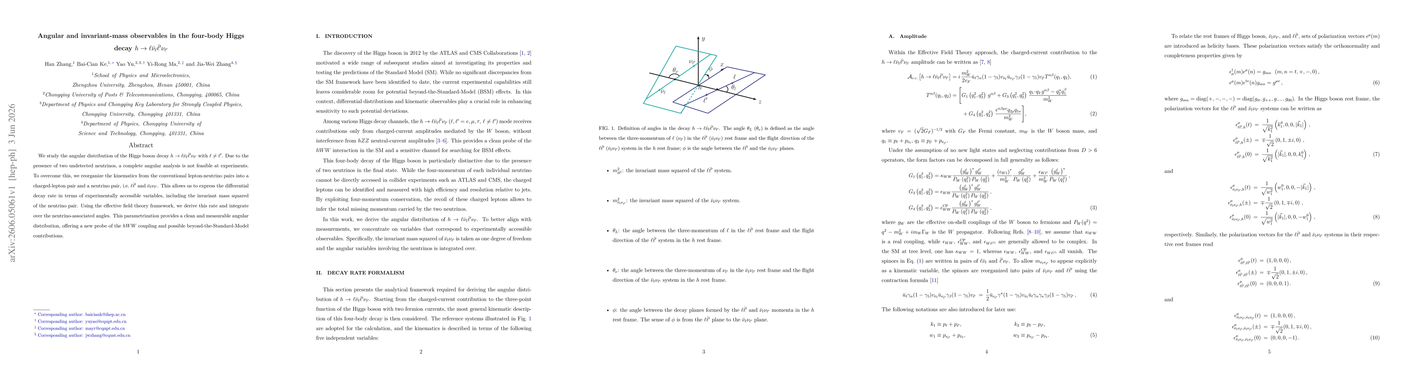 Thumbnail for Angular and invariant-mass observables in the four-body Higgs decay $h\to\ell\barν_\ell\bar{\ell}^\primeν_{\ell^\prime}$