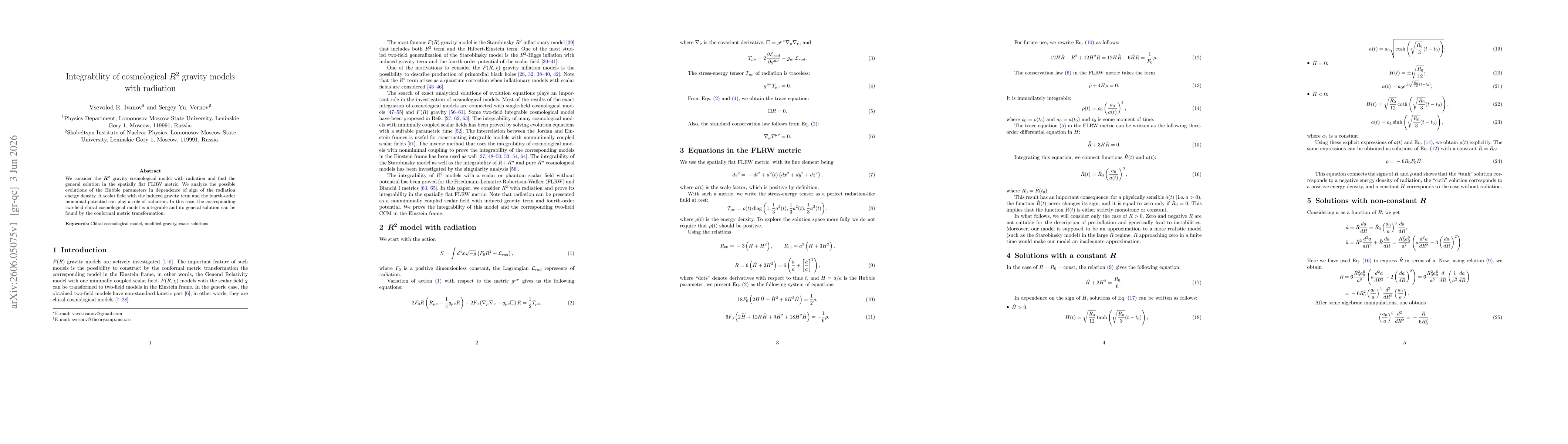 Thumbnail for Integrability of cosmological $R^2$ gravity models with radiation