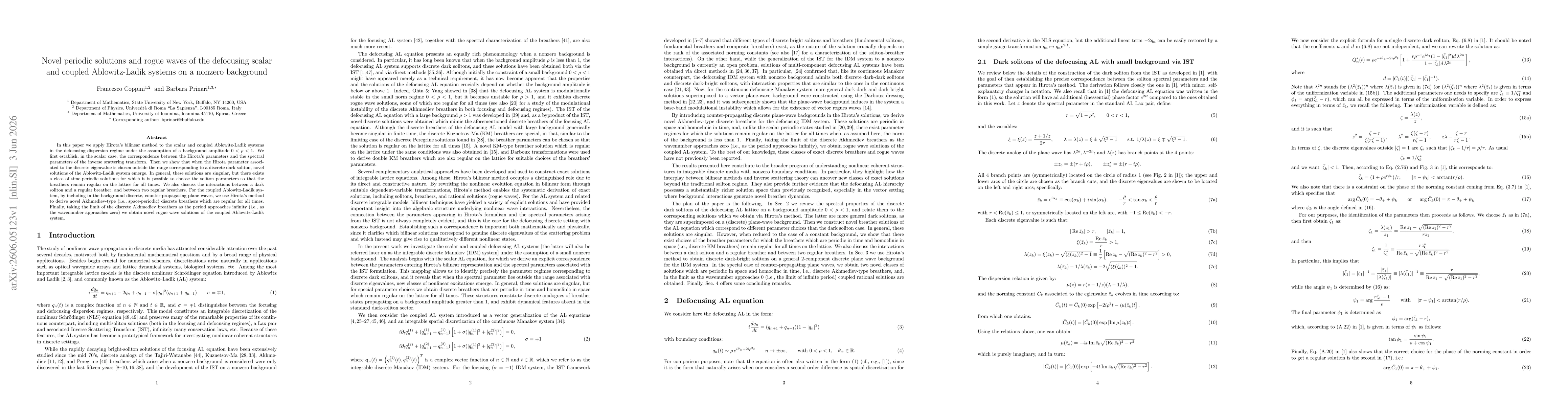 Thumbnail for Novel periodic solutions and rogue waves of the defocusing scalar and coupled Ablowitz-Ladik systems on a nonzero background