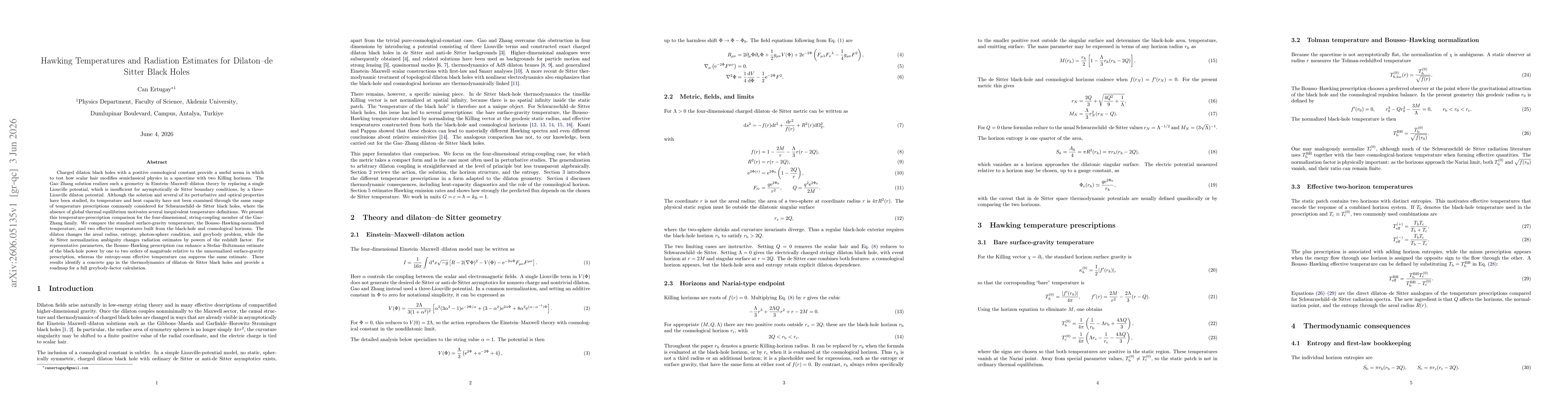 Thumbnail for Hawking Temperatures and Radiation Estimates for Dilaton--de Sitter Black Holes