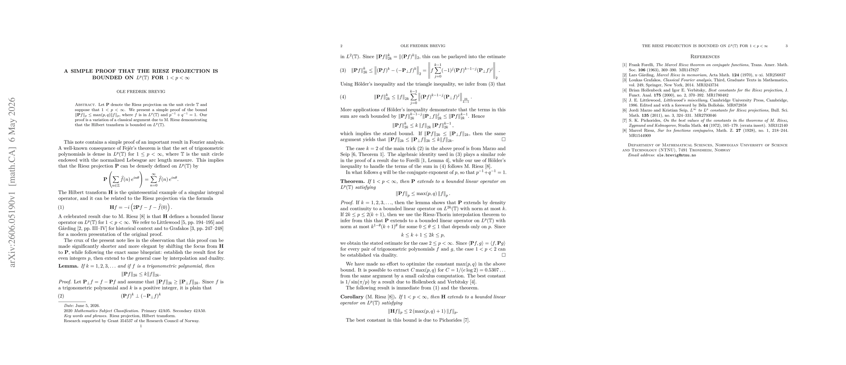 Thumbnail for A simple proof that the Riesz projection is bounded on $L^p(\mathbb{T})$ for $1<p<\infty$