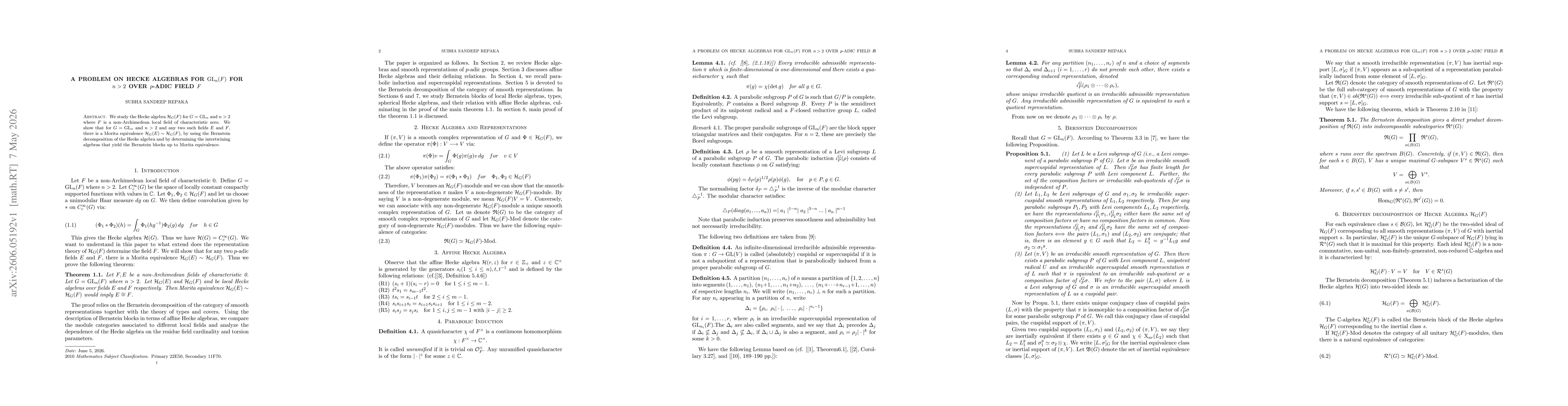 Thumbnail for A problem on Hecke algebras for $\mathrm{GL}_n(F)$ for $n>2$ over $p$-adic field $F$
