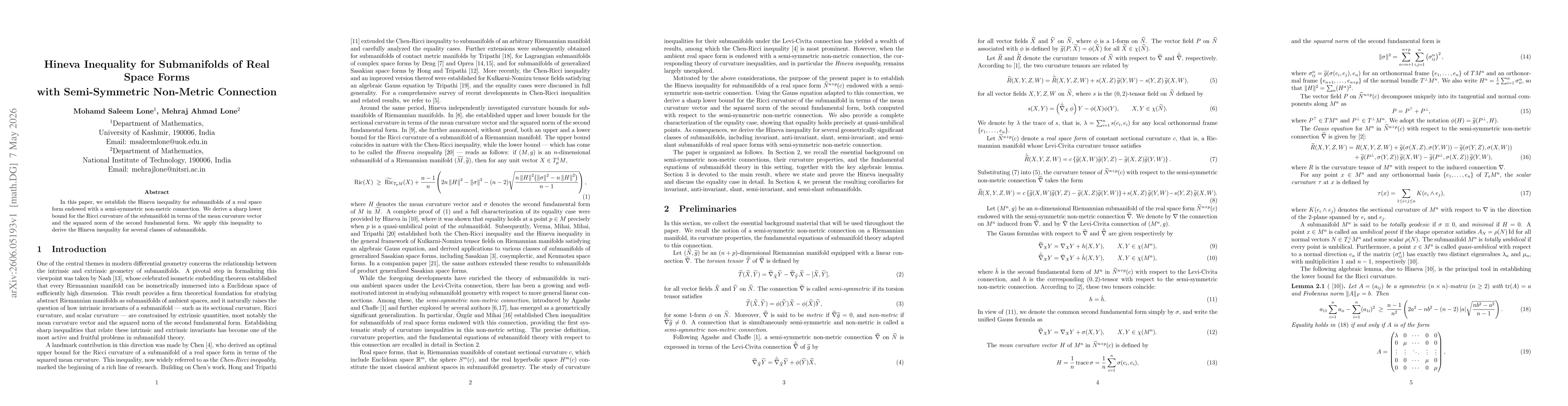 Thumbnail for Hineva Inequality for Submanifolds of Real Space Forms with Semi-Symmetric Non-Metric Connection