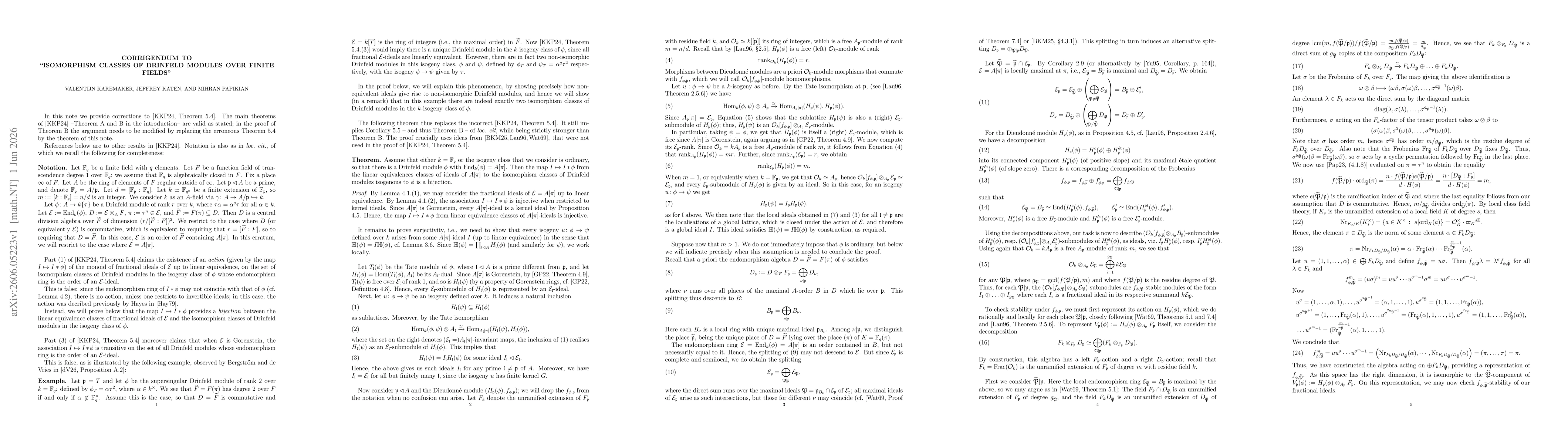 Thumbnail for Corrigendum to "Isomorphism classes of Drinfeld modules over finite fields"