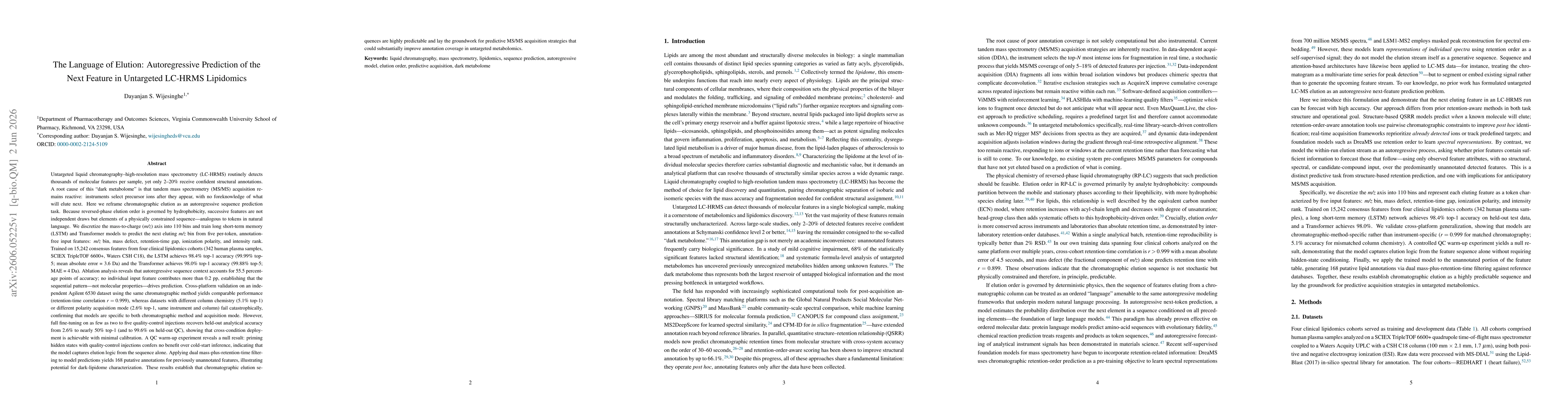 Thumbnail for The Language of Elution: Autoregressive Prediction of the Next Feature in Untargeted LC-HRMS Lipidomics