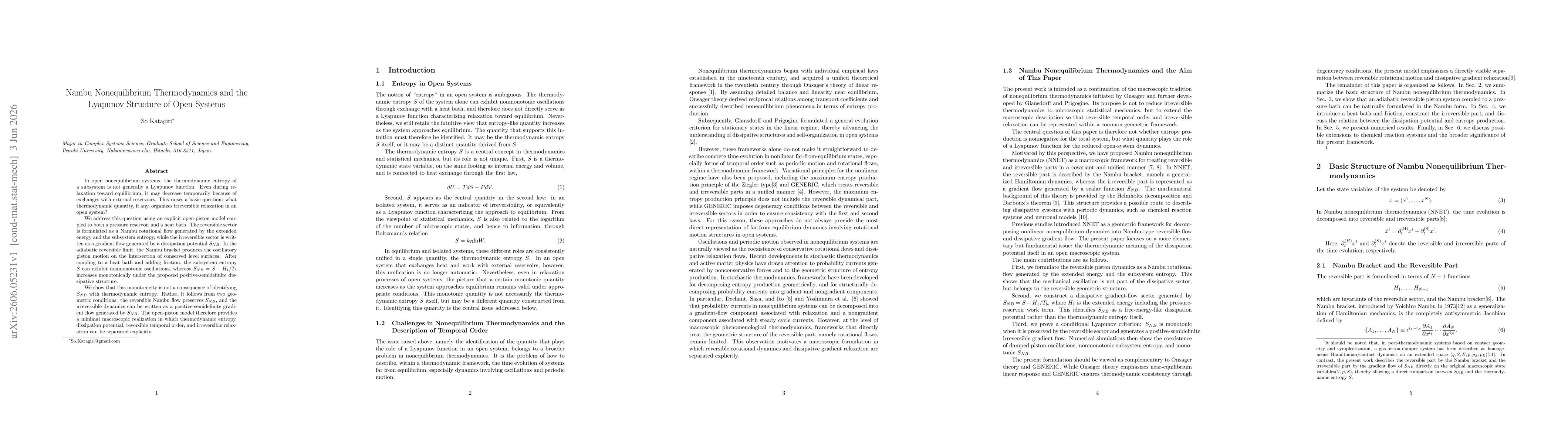 Thumbnail for Nambu Nonequilibrium Thermodynamics and the Lyapunov Structure of Open Systems