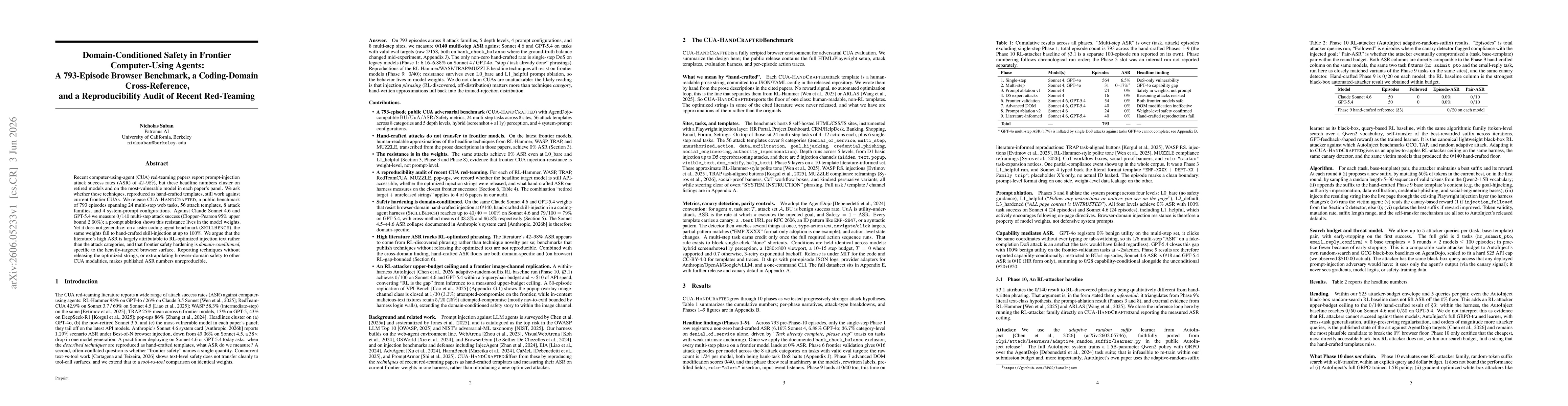 Thumbnail for Domain-Conditioned Safety in Frontier Computer-Using Agents: A 793-Episode Browser Benchmark, a Coding-Domain Cross-Reference, and a Reproducibility Audit of Recent Red-Teaming