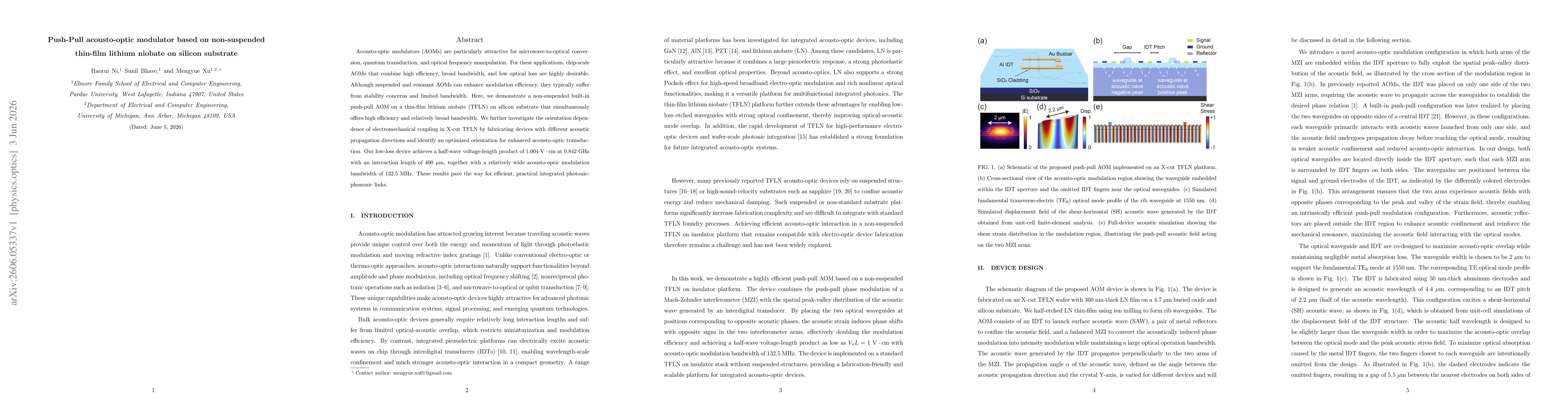 Thumbnail for Push-Pull acousto-optic modulator based on non-suspended thin-film lithium niobate on silicon substrate