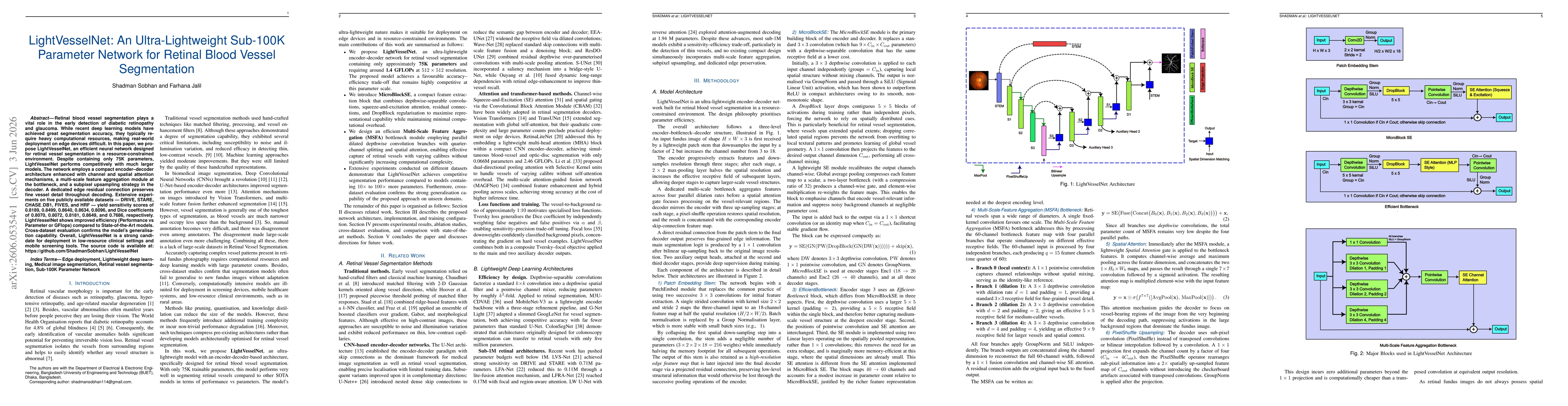 Thumbnail for LightVesselNet: An Ultra-Lightweight Sub-100K Parameter Network for Retinal Blood Vessel Segmentation