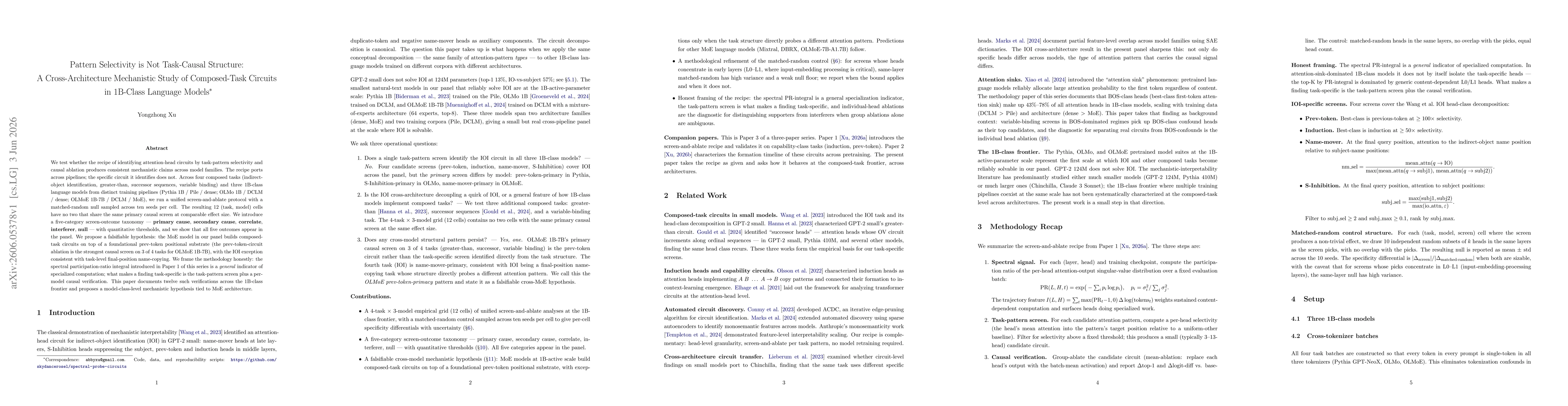 Thumbnail for Pattern Selectivity is Not Task-Causal Structure: A Cross-Architecture Mechanistic Study of Composed-Task Circuits in 1B-Class Language Models