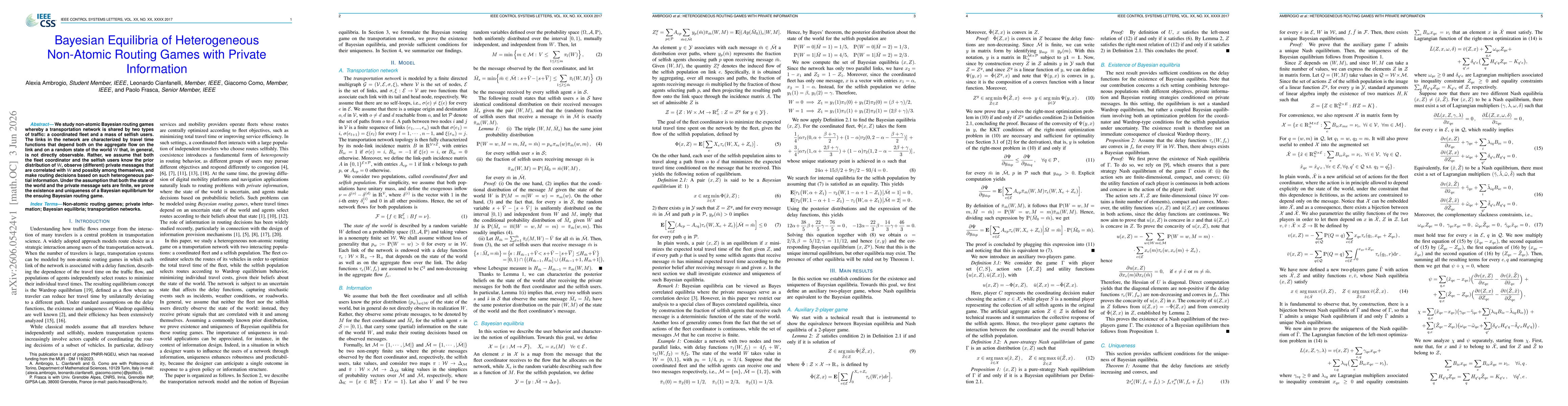 Thumbnail for Bayesian Equilibria of Heterogeneous Non-Atomic Routing Games with Private Information