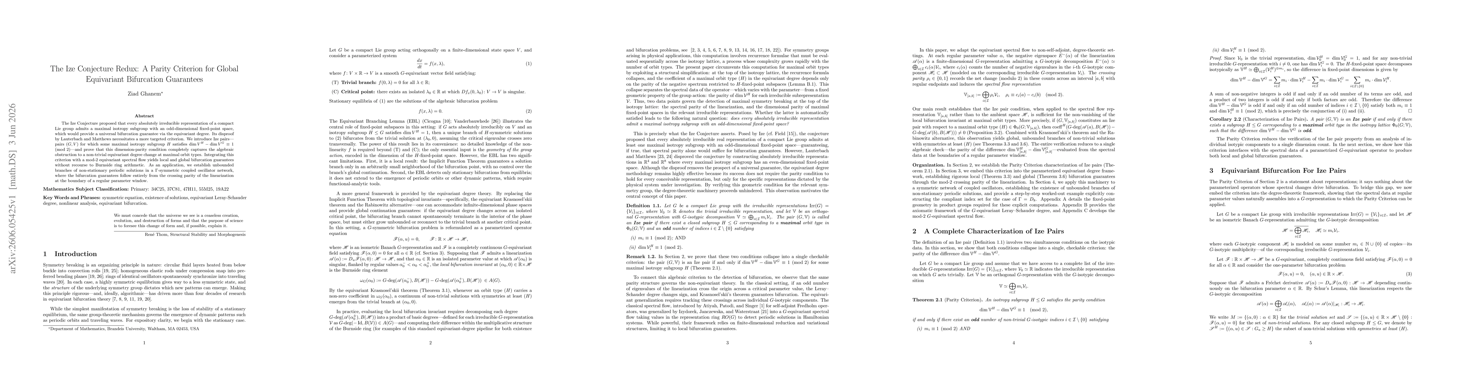 Thumbnail for The Ize Conjecture Redux: A Parity Criterion for Global Equivariant Bifurcation Guarantees