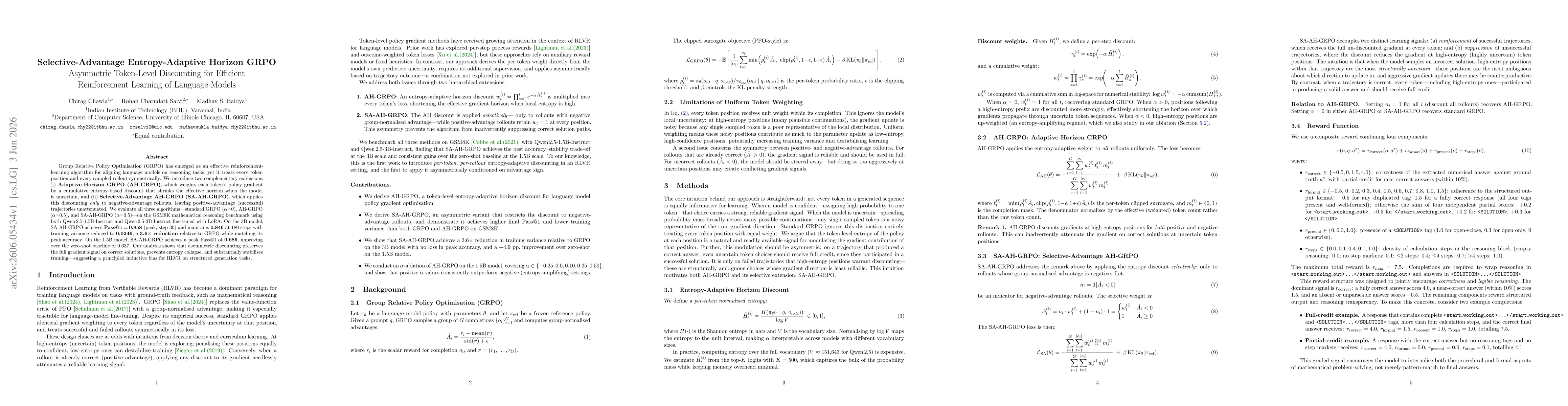 Thumbnail for Selective-Advantage Entropy-Adaptive Horizon GRPO: Asymmetric Token-Level Discounting for Efficient Reinforcement Learning of Language Models