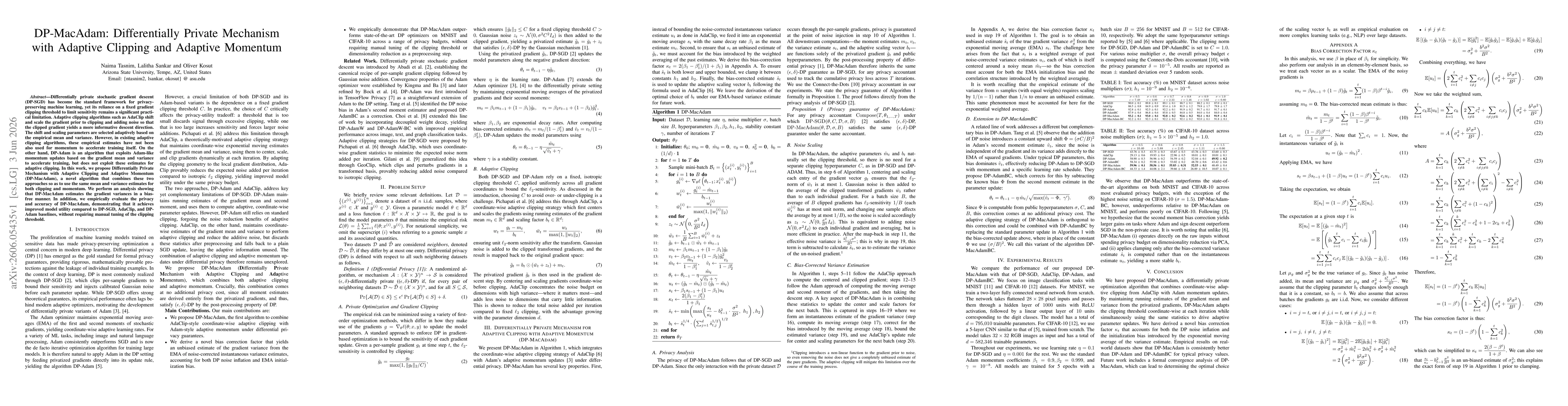 Thumbnail for DP-MacAdam: Differentially Private Mechanism with Adaptive Clipping and Adaptive Momentum
