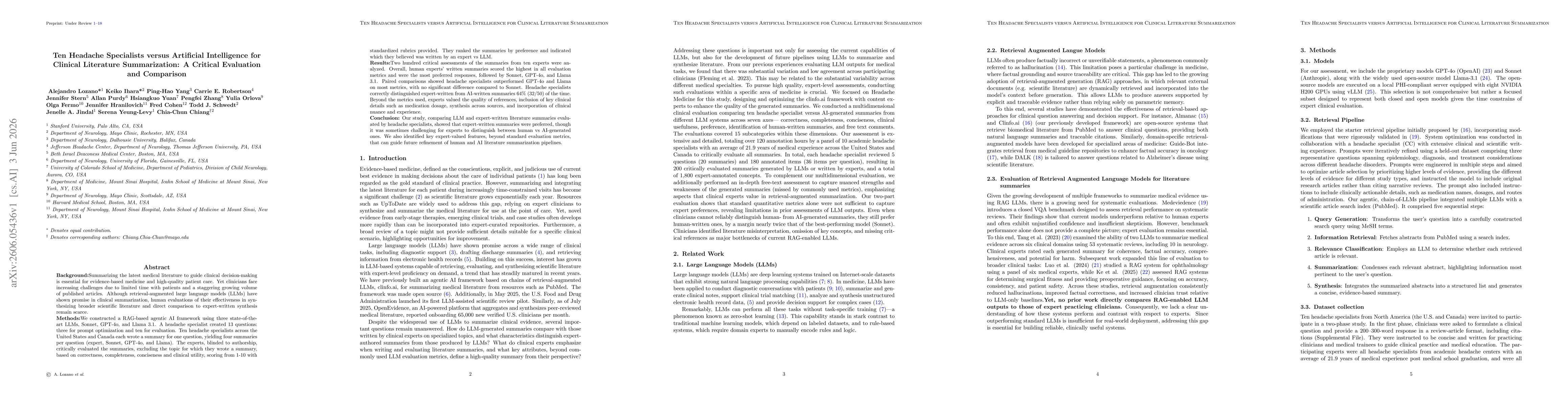 Thumbnail for Ten Headache Specialists versus Artificial Intelligence for Clinical Literature Summarization: A Critical Evaluation and Comparison