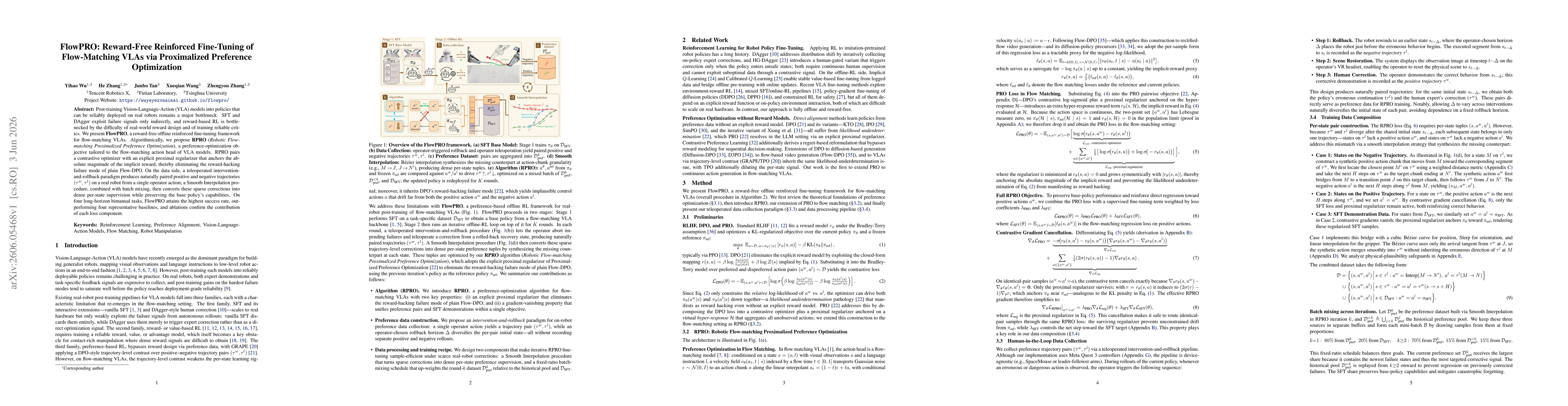 Thumbnail for FlowPRO: Reward-Free Reinforced Fine-Tuning of Flow-Matching VLAs via Proximalized Preference Optimization
