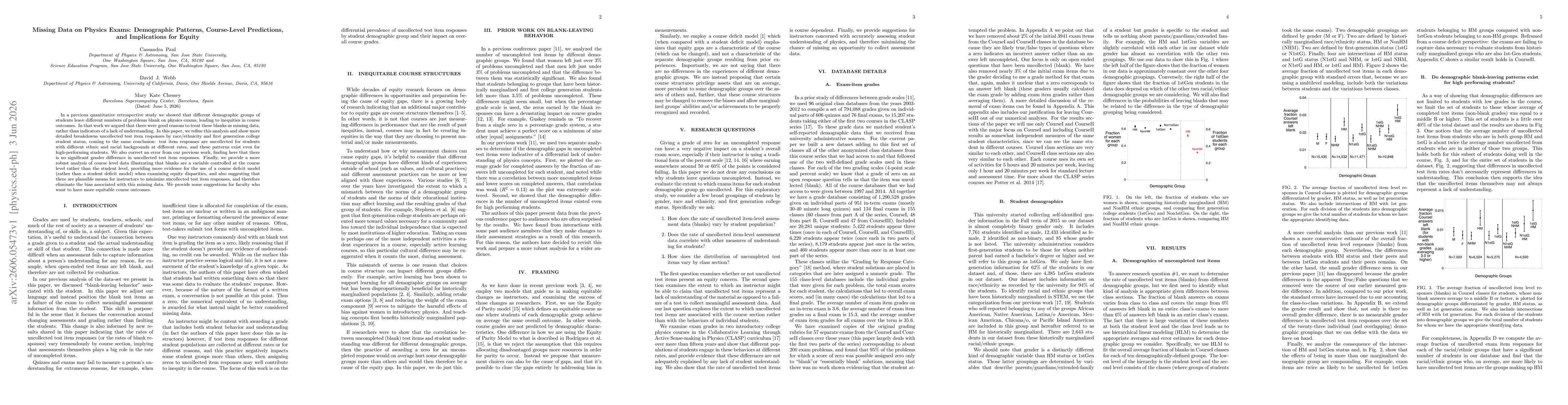 Thumbnail for Missing Data on Physics Exams: Demographic Patterns, Course-Level Predictions, and Implications for Equity