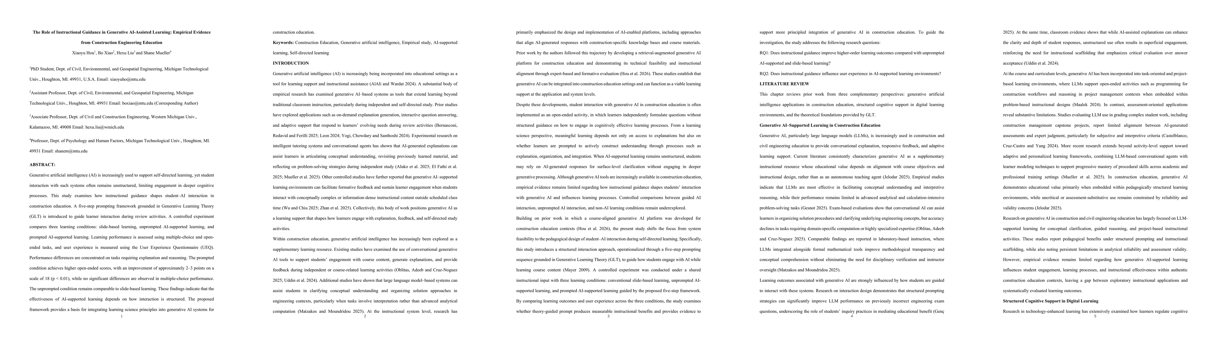 Thumbnail for The Role of Instructional Guidance in Generative AI-Assisted Learning: Empirical Evidence from Construction Engineering Education