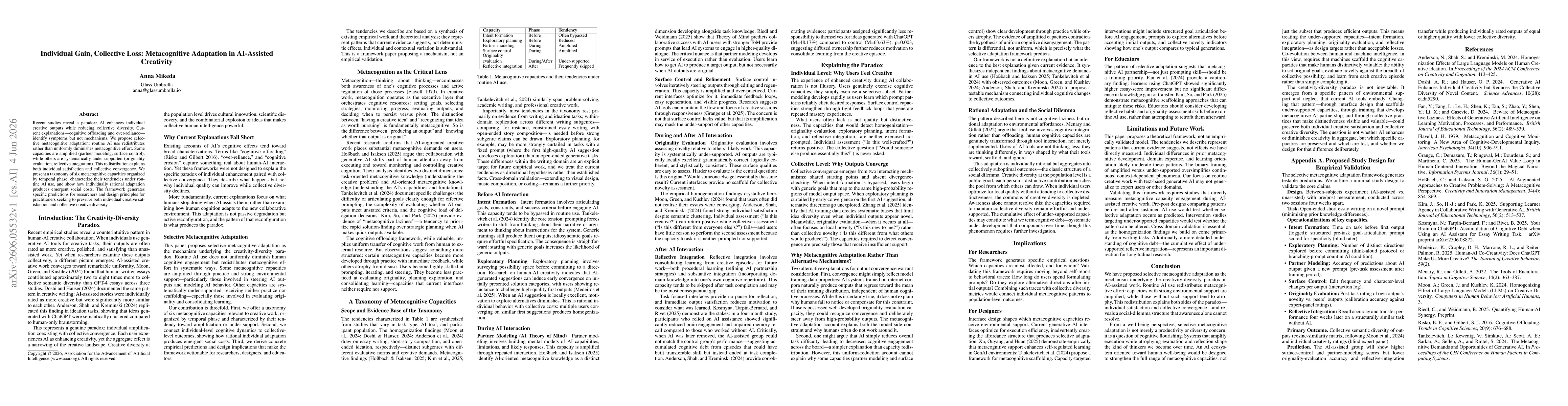 Thumbnail for Individual Gain, Collective Loss: Metacognitive Adaptation in AI-Assisted Creativity