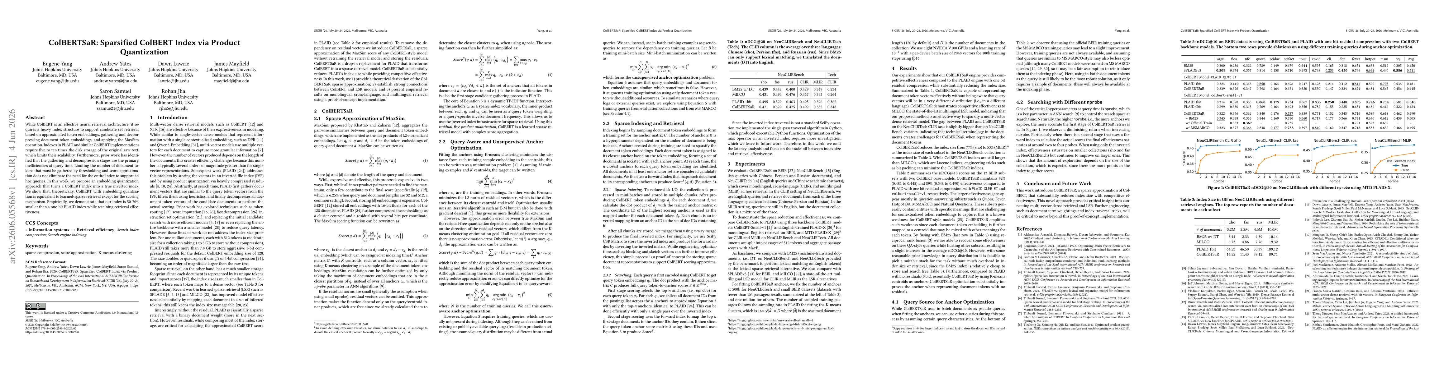 Thumbnail for ColBERTSaR: Sparsified ColBERT Index via Product Quantization