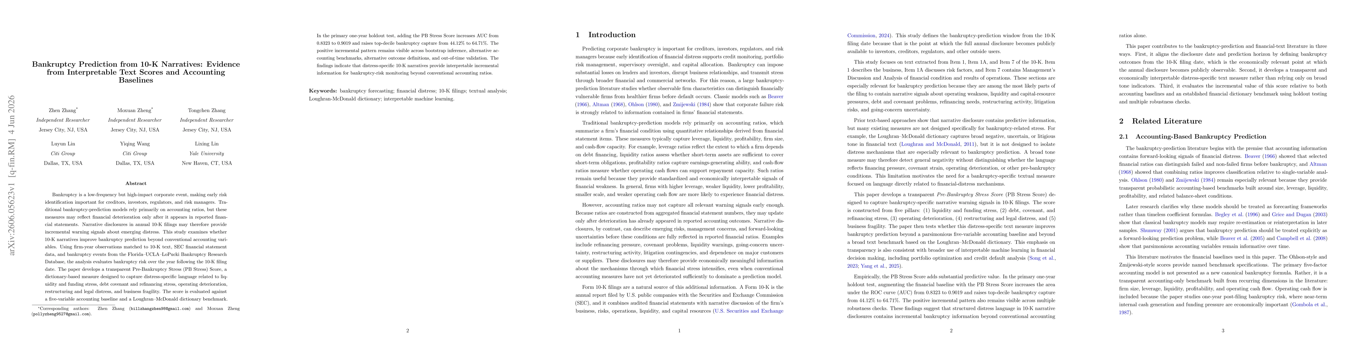 Thumbnail for Bankruptcy Prediction from 10-K Narratives: Evidence from Interpretable Text Scores and Accounting Baselines