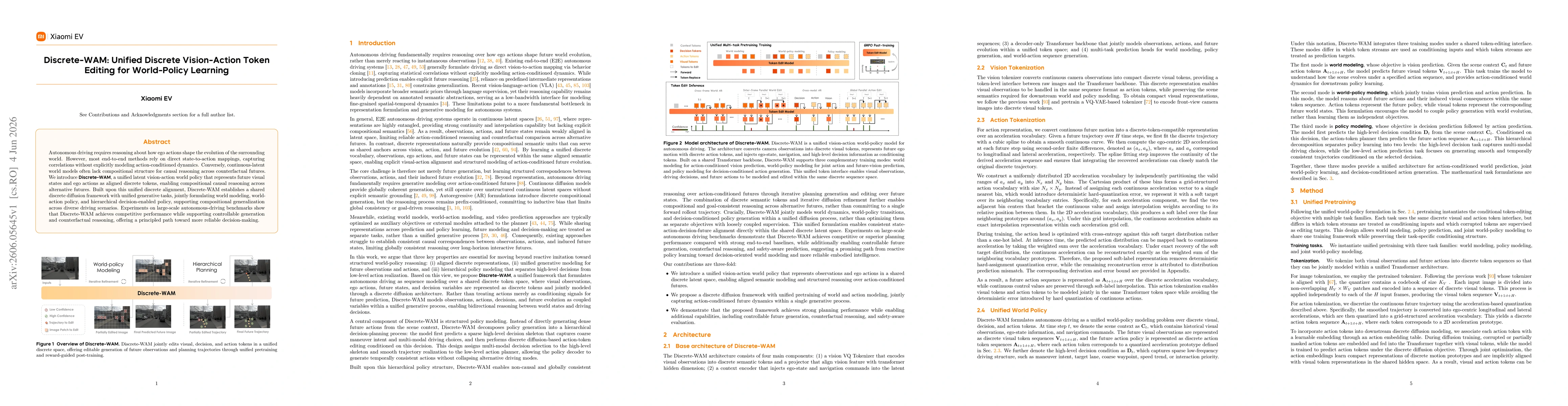 Thumbnail for Discrete-WAM: Unified Discrete Vision-Action Token Editing for World-Policy Learning