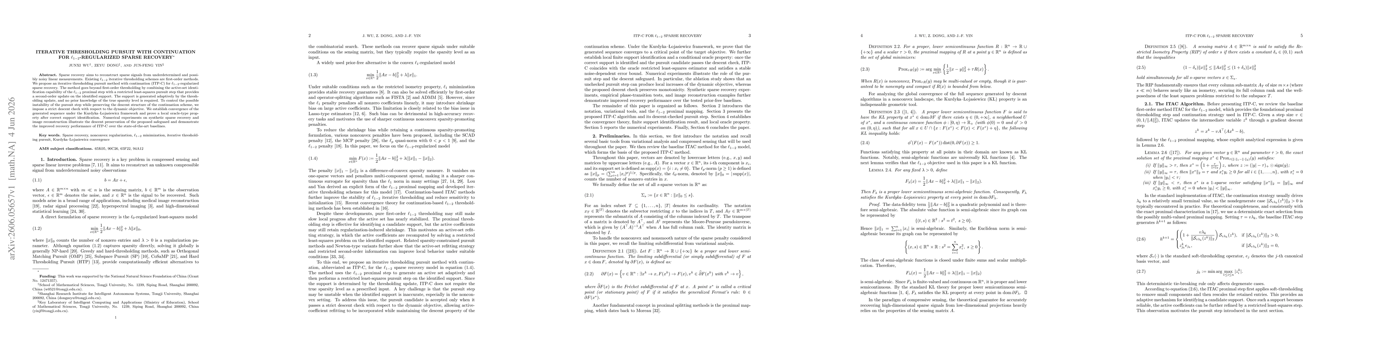 Thumbnail for Iterative Thresholding Pursuit with Continuation for $\ell_{1-2}$-Regularized Sparse Recovery