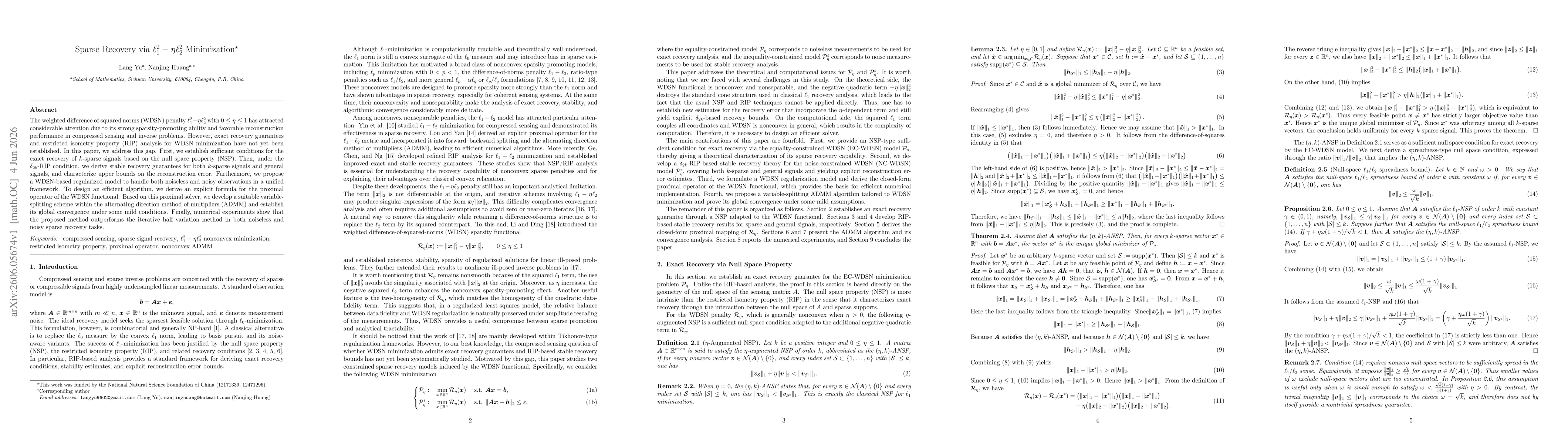 Thumbnail for Sparse Recovery via $\ell_1^2-η\ell_2^2$ Minimization