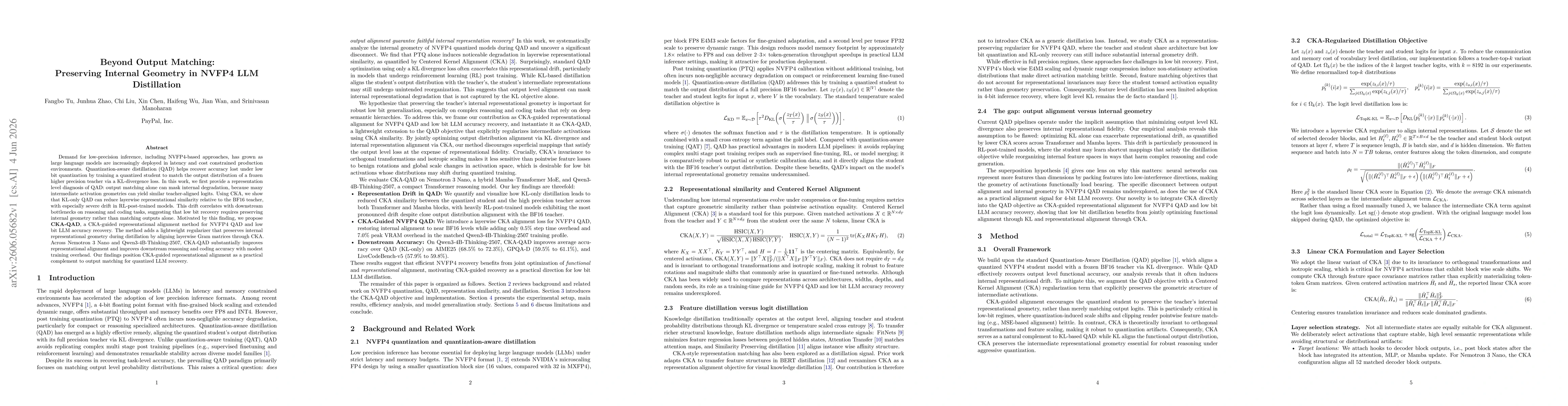 Thumbnail for Beyond Output Matching: Preserving Internal Geometry in NVFP4 LLM Distillatio