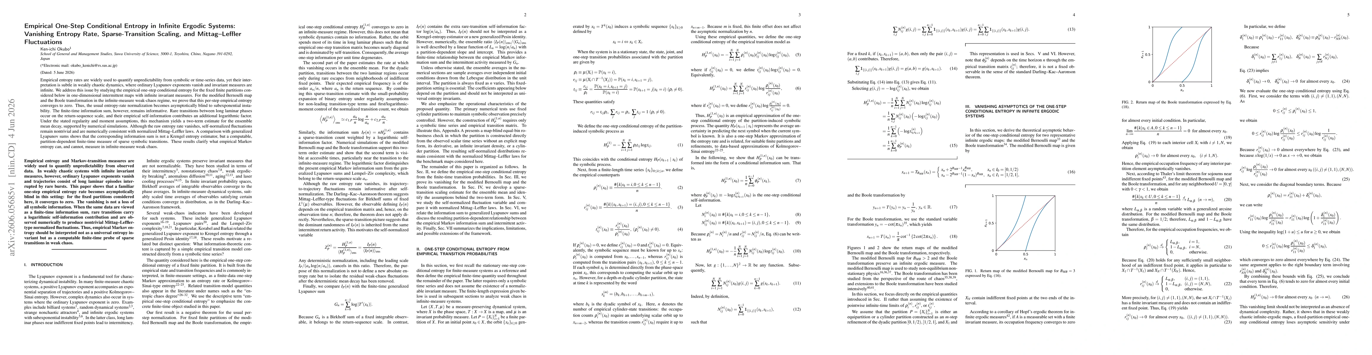 Thumbnail for Empirical One-Step Conditional Entropy in Infinite Ergodic Systems: Vanishing Entropy Rate, Sparse-Transition Scaling, and Mittag-Leffler Fluctuations