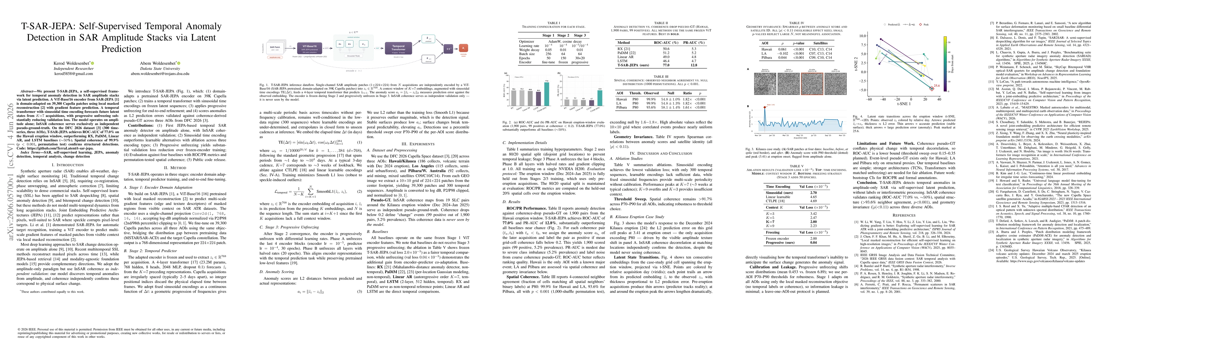 Thumbnail for T-SAR-JEPA: Self-Supervised Temporal Anomaly Detection in SAR Amplitude Stacks via Latent Prediction