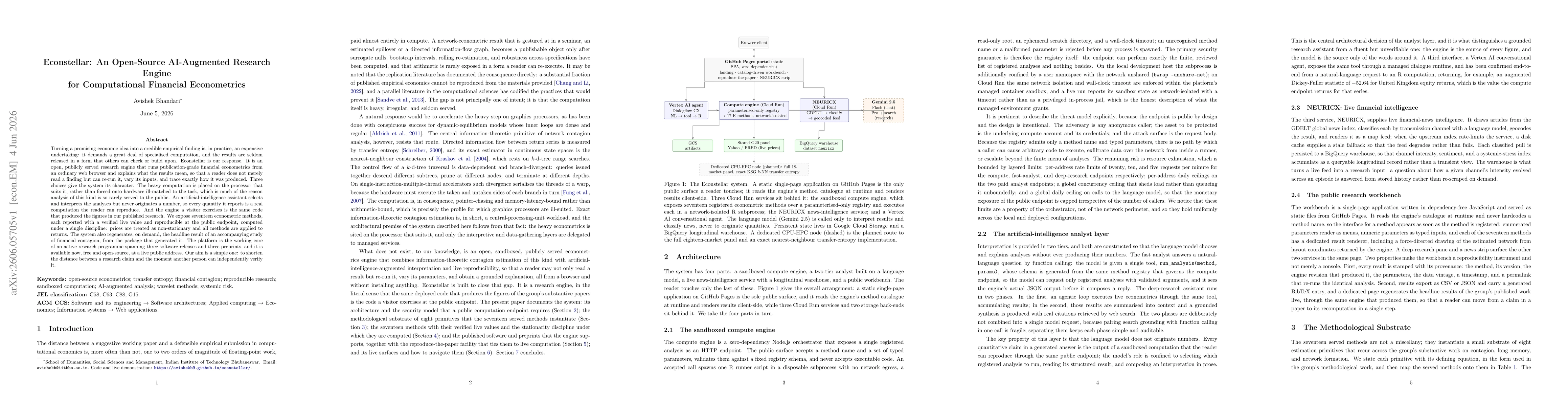 Thumbnail for Econstellar: An Open-Source AI-Augmented Research Engine for Computational Financial Econometrics