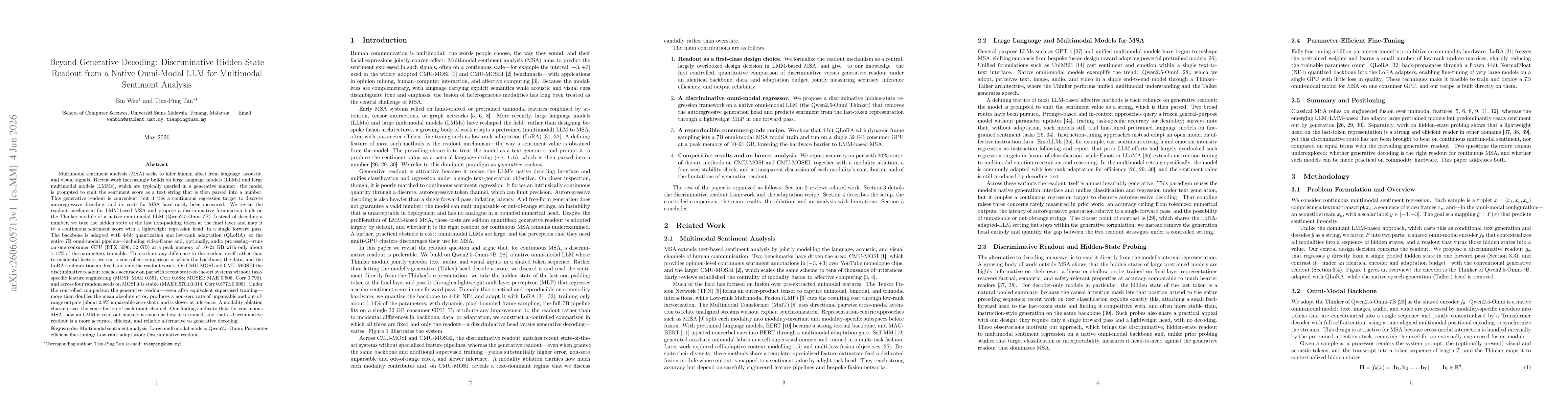 Thumbnail for Beyond Generative Decoding: Discriminative Hidden-State Readout from a Native Omni-Modal LLM for Multimodal Sentiment Analysis